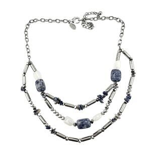 Chicos Sodalite Beaded Multistrand Silver Tone Necklace Dangle Earring Set